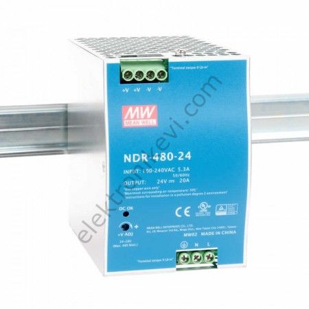 Meanwell NDR-480-24 24VDC 20.0A 480W Raya Montaj Güç Kaynağı